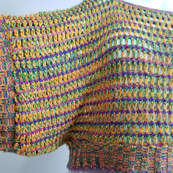 Lipstick Cropped Open Knit Sweater 80s Large Short Sleeve Dance Yellow Blue Purp - Picture 6 of 9